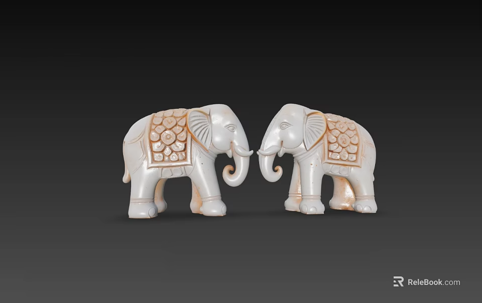 Decorative Elephant Figurine Set White with Golden Patterns Facing Each Other for Home Decor 3d model 
