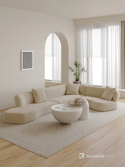 Modern Living Room With Curved Beige Sofa Round Coffee Tables And Arched Windows 3d model 