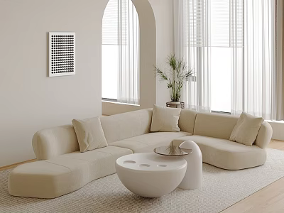 Modern Living Room With Curved Beige Sofa Round Coffee Tables And Arched Windows 3d model