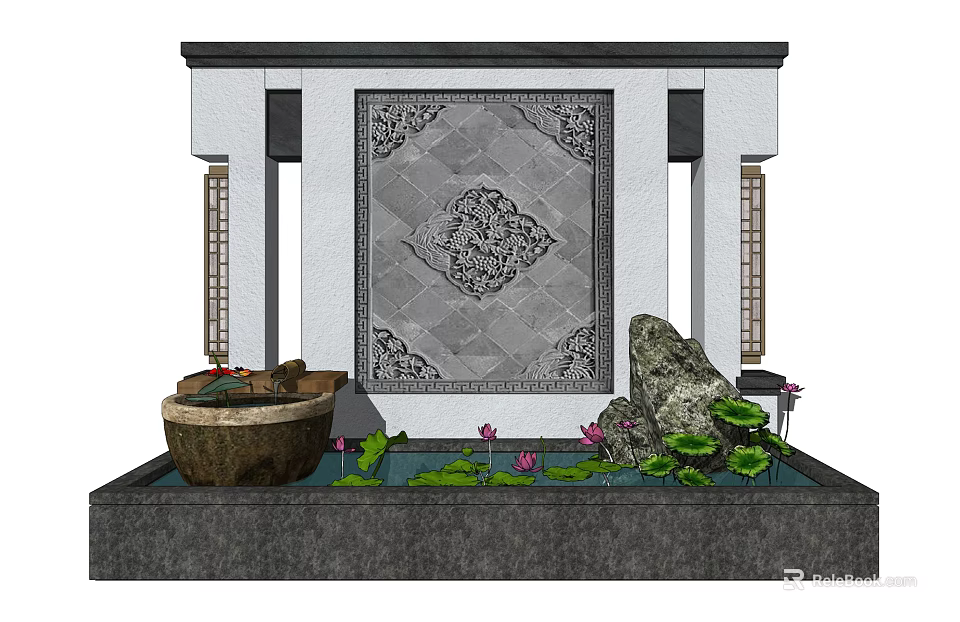 Traditional Chinese Feature Wall With Intricate Pattern Water Basin Lotus And Stone 3d model 