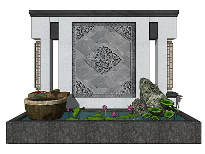 Traditional Chinese Feature Wall With Intricate Pattern Water Basin Lotus And Stone 3d model