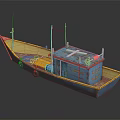 Wooden Boat with Weathered Blue Cabin Yellow Deck Red Bow and Antennas