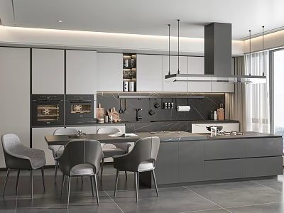 Sleek Modern Gray Kitchen Interior With Cabinets Island Pendant Lights And Dining Chairs 3d model
