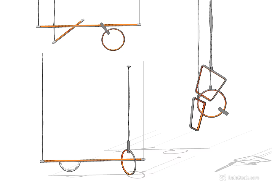 Modern Geometric Metal Chandelier Design With Circular Rings And Square Hanging Elements 3d model 