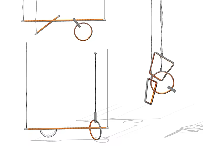 Modern Geometric Metal Chandelier Design With Circular Rings And Square Hanging Elements 3d model
