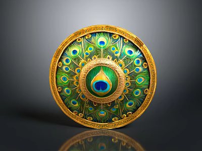 Ornate Circular Shield Weapon Featuring Golden Border And Peacock Feather Design 3d model