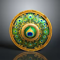 Ornate Circular Shield Weapon Featuring Golden Border And Peacock Feather Design
