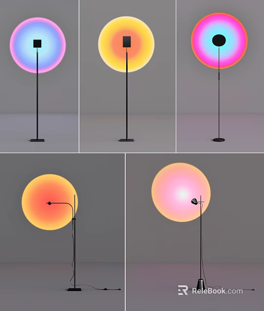 Modern Colorful Floor Lamp with Black Stand and Spherical Shade in Pink Yellow Blue Tones 3d model 