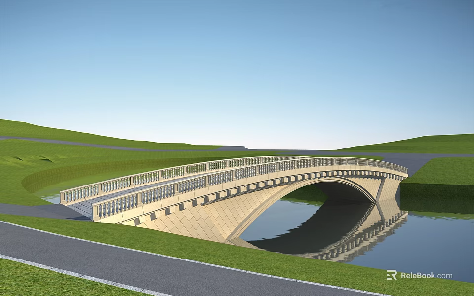 Stone Arch Bridge With Railing Over Water And Green Grass Reflection 3d model 