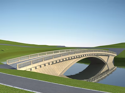 Stone Arch Bridge With Railing Over Water And Green Grass Reflection 3d model