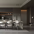 Modern Restaurant Interior With Dining Table Chairs Island Counter And Lighting