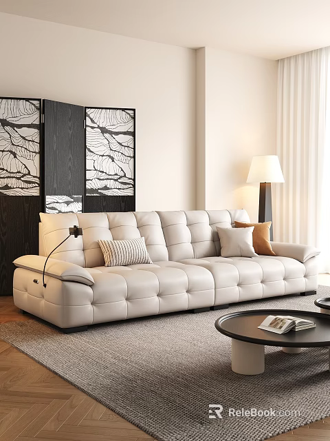 White Leather Multi Seater Sofa with Striped Brown Pillows Floor Lamp and Room Divider 3d model
