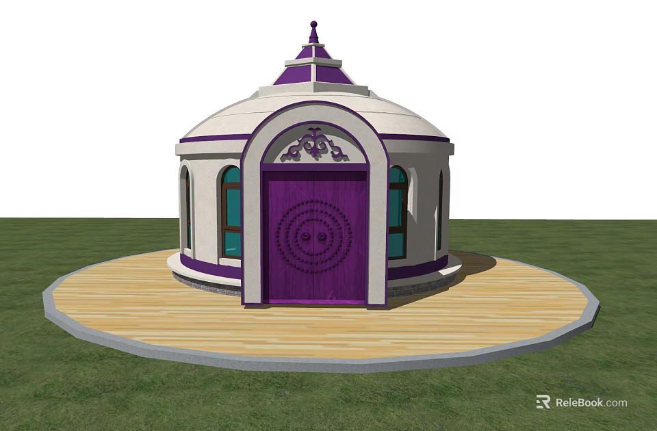 Purple and White Round Dome Building With Decorative Door on Wooden Platform and Green Grass 3d model 