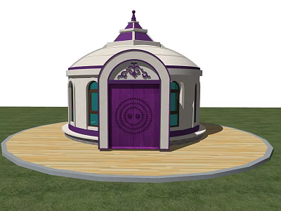 Purple and White Round Dome Building With Decorative Door on Wooden Platform and Green Grass 3d model