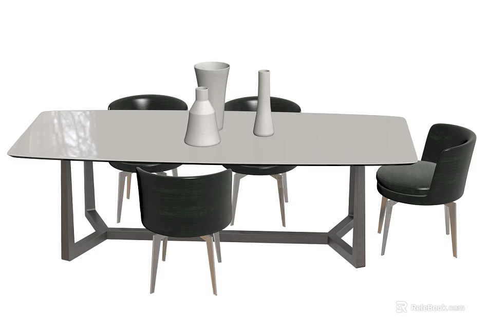 Modern Dining Table Set With Black Chairs And White Decorative Vases 3d model