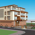 Modern Multi Story Residence Building With Balconies Green Plants And Chinese Style Elements