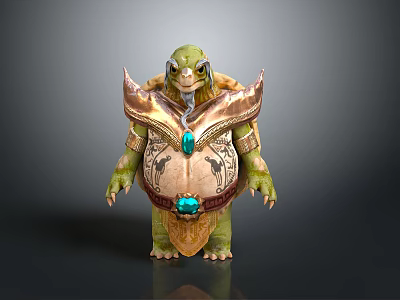 Mythical Reptile Turtle Character Wearing Detailed Golden Decorative Armor With Blue Gemstones 3d model