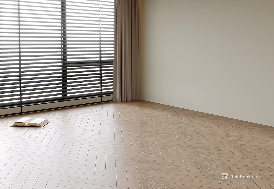 Modern Study Room Interior With Herringbone Wooden Floor Window Blinds And Open Book 3d model 