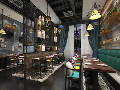 Modern Restaurant Interior With Pendant Lights Teal Seats And Wooden Decorative Walls 3d model
