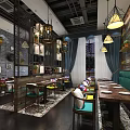 Modern Restaurant Interior With Pendant Lights Teal Seats And Wooden Decorative Walls