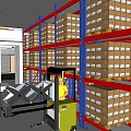 Organized Warehouse Storage Area With Red Blue Racks Stacked Boxes And Green Forklift