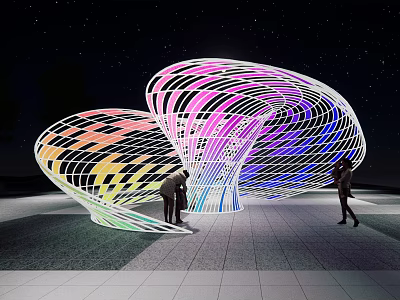 Modern Unique Pergola with Colorful Lights at Night Under Starry Sky People Interacting Around 3d model