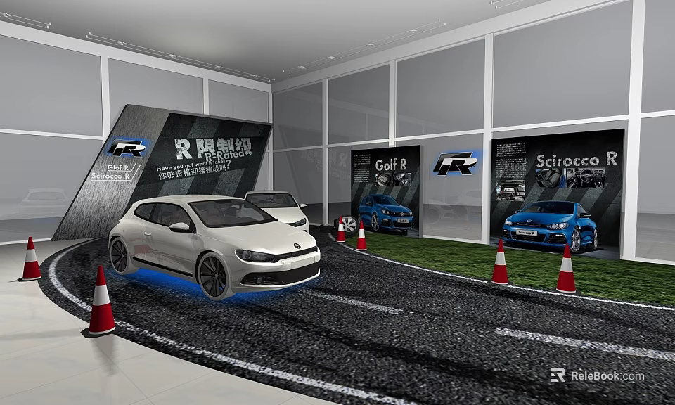 R Track Experience Indoor Scene With Golf R Scirocco And Cones On Track Layout 3d model 