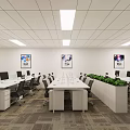 Modern Public Office Space with Desks Computers Green Plants Decorative Paintings and Bright Ceiling Lights