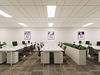 Modern Public Office Space with Desks Computers Green Plants Decorative Paintings and Bright Ceiling Lights 3d model
