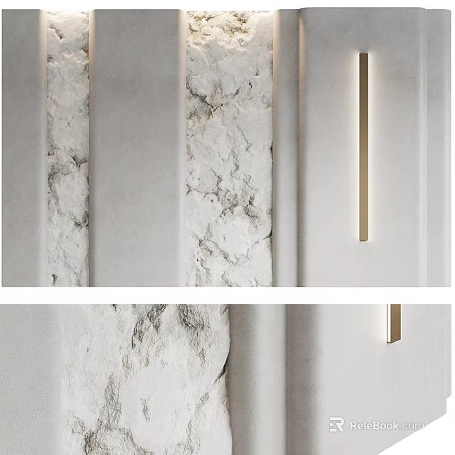 Modern Minimalist Bed Accent Wall With Textured Stone And Linear Lights 3d model 