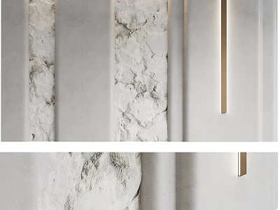Modern Minimalist Bed Accent Wall With Textured Stone And Linear Lights 3d model