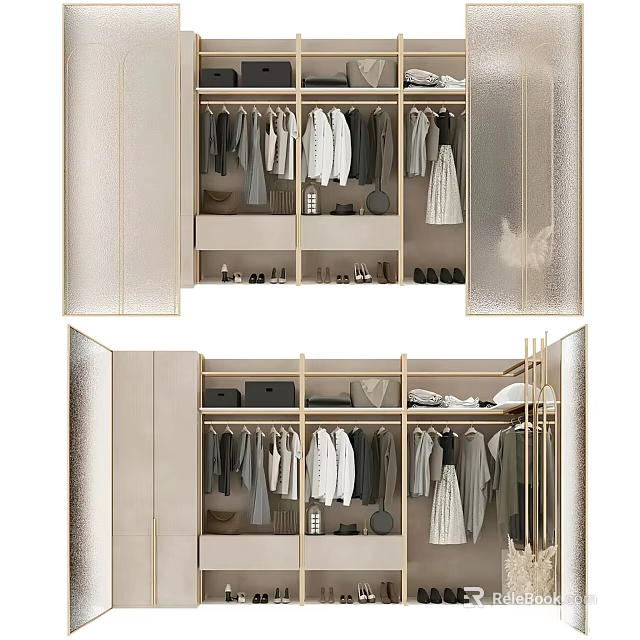 Modern Wardrobe Interior Design With Multiple Storage Compartments Hanging Rods And Shoe Shelves 3d model 