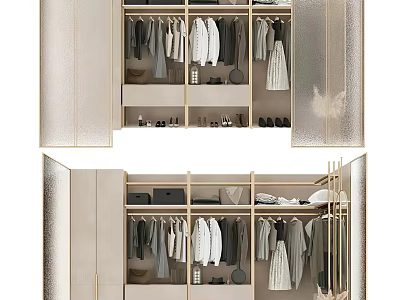 Modern Wardrobe Interior Design With Multiple Storage Compartments Hanging Rods And Shoe Shelves 3d model
