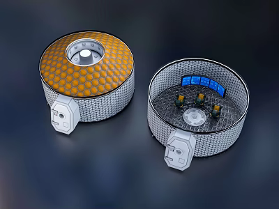 Control Room Interior With Circular Monitoring Devices Orange Dots And Blue Screen Equipment 3d model