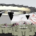 Elegant Modern Wedding Banquet Hall With Pink Flowers Curved Decor Crystal Chandeliers And White Tables