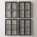 Four Sliding Doors with Decorative Glass Geometric Patterns and Dark Frames Classic Design 3d model