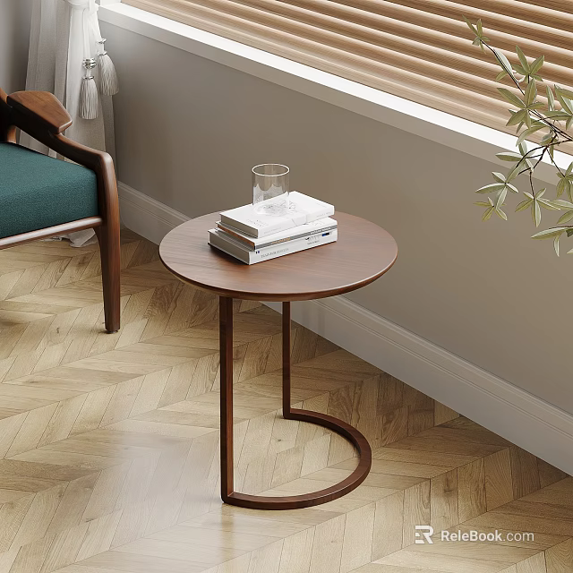 Modern Round Wooden Side Table With Books And Glass On Herringbone Wooden Floor 3d model 