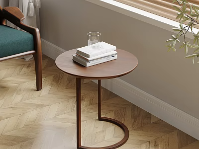 Modern Round Wooden Side Table With Books And Glass On Herringbone Wooden Floor 3d model