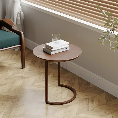 Modern Round Wooden Side Table With Books And Glass On Herringbone Wooden Floor 3d model