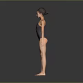 Woman in black one shoulder leotard standing barefoot on reflective floor with gray gradient background