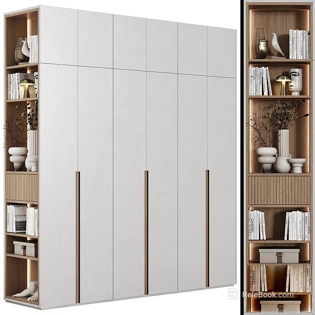 Elegant Modern Bookcase Featuring White Panel Doors Wooden Shelves And Decorative Books 3d model 