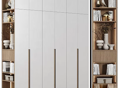 Elegant Modern Bookcase Featuring White Panel Doors Wooden Shelves And Decorative Books 3d model