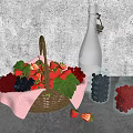 Fresh Fruit Basket Filled With Strawberries Raspberries Blueberries On Gray Countertop With Glass Jars