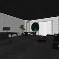 Modern Office Interior With Black Ceiling Striped Windows Work Desk Green Plant Circular Decor Sofa