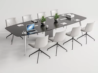 Modern Conference Table with White Chairs Laptop Potted Plants Documents And Cups 3d model