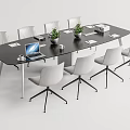 Modern Conference Table with White Chairs Laptop Potted Plants Documents And Cups