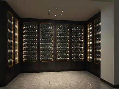 Elegant Wine Cellar Interior With Wooden Racks Illuminated Lighting And Tiled Flooring 3d model