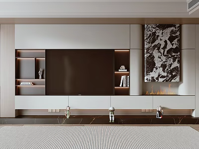 Modern TV Background Wall Design With Floating Shelves Decorative Painting And LED Lighting 3d model