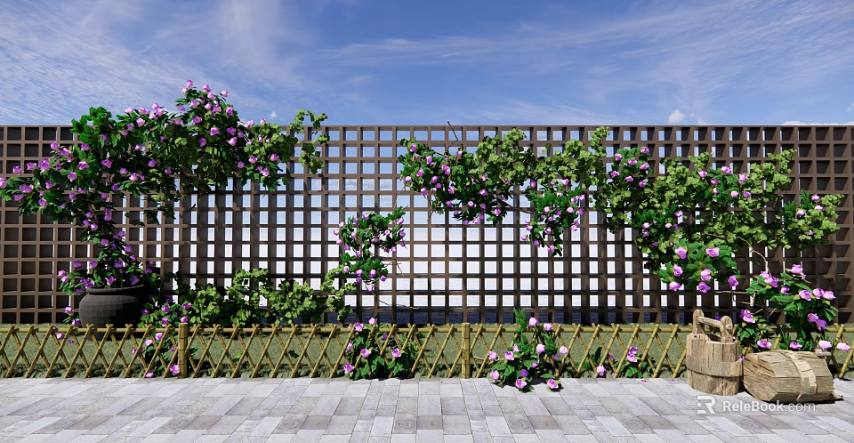 Building Exterior Wall With Wooden Lattice Purple Flowers Green Vines And Bamboo Fence 3d model 