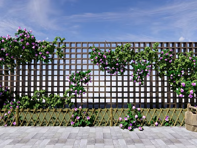 Building Exterior Wall With Wooden Lattice Purple Flowers Green Vines And Bamboo Fence 3d model